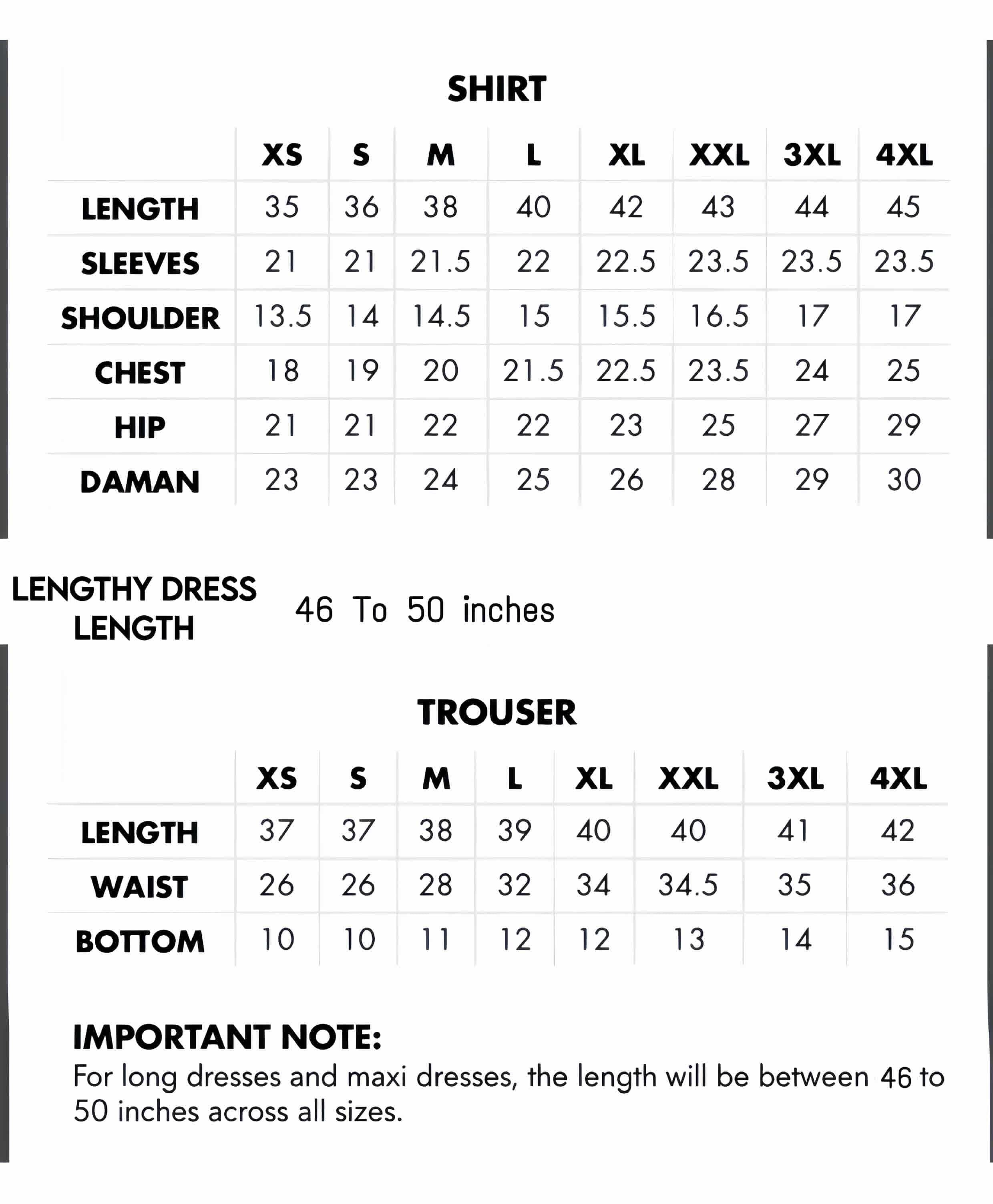 Measurement chart for shirts, lengthy dresses, and trousers with size dimensions.